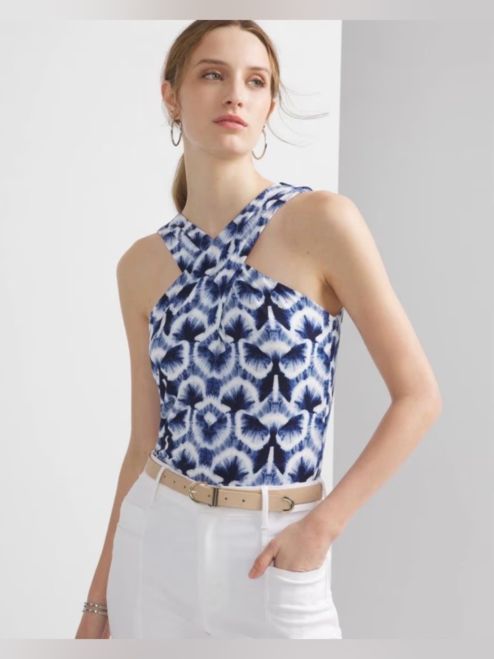 White House Black Market Navy Tie-Dye Crisscross Halter Top size small